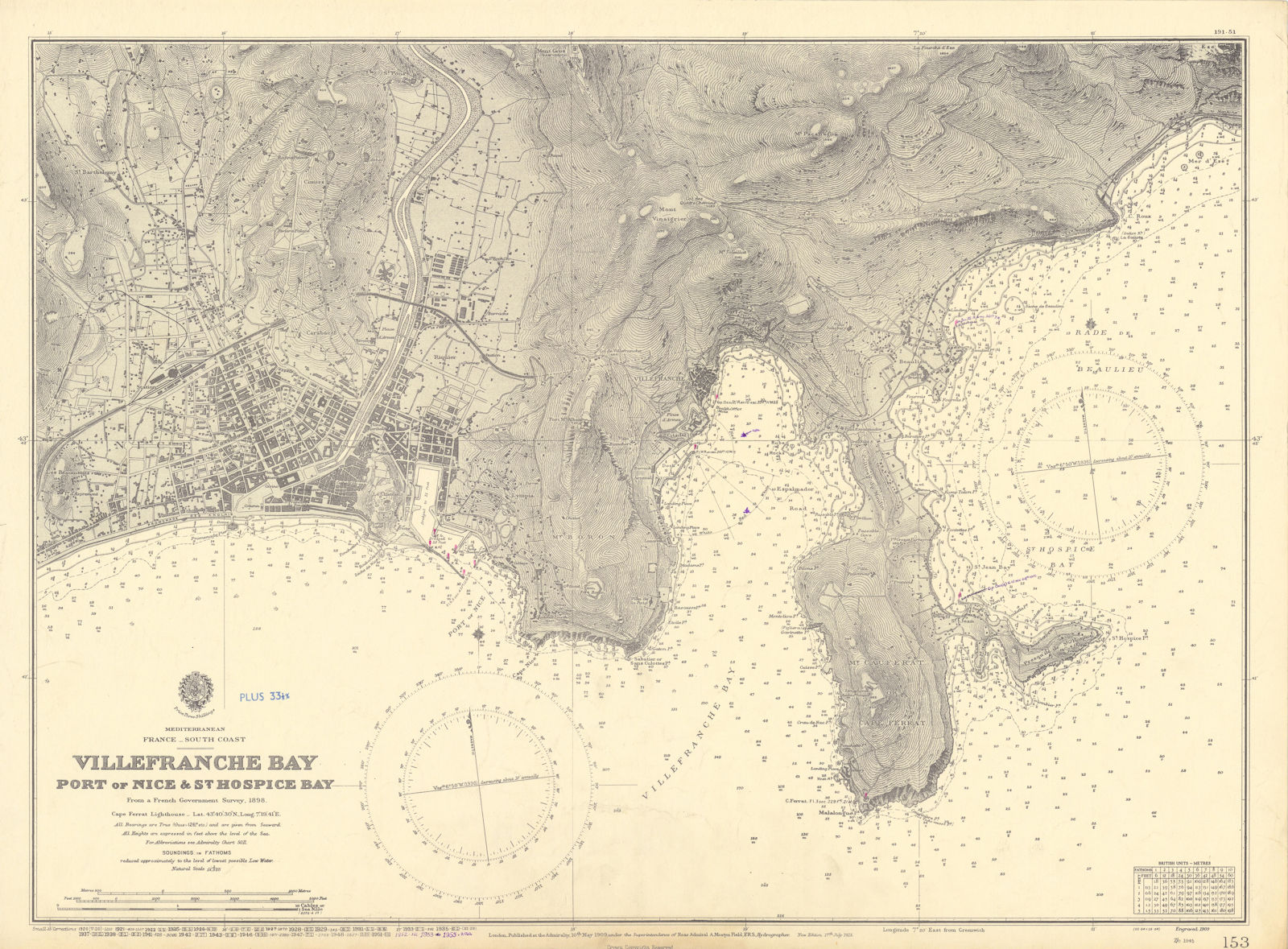 Nice Villefranche Bay Cap Ferrat Alpes-Maritimes ADMIRALTY chart 1909 (1955) map