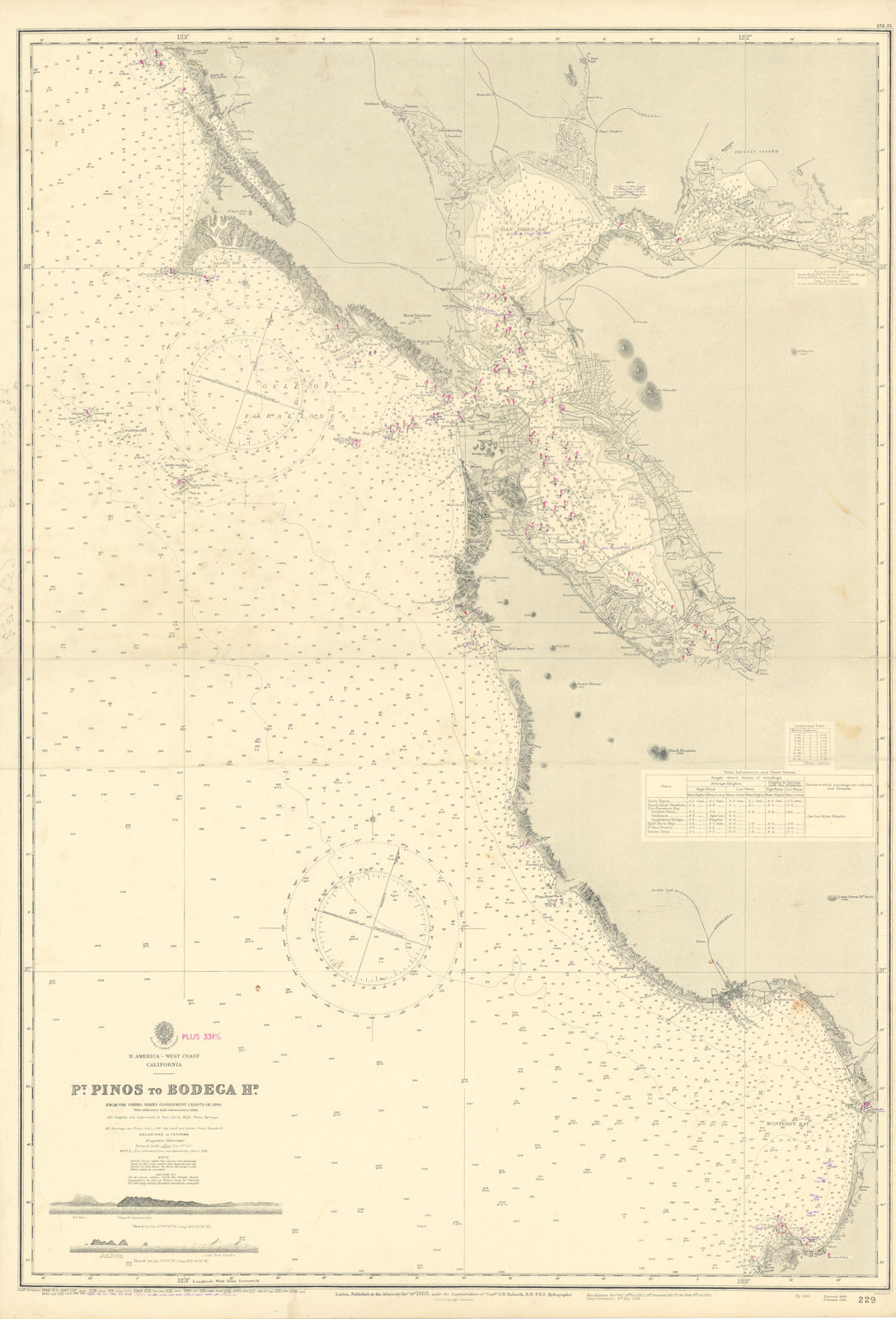 California coast. Monterey San Francisco Bay ADMIRALTY sea chart 1868 (1955) map