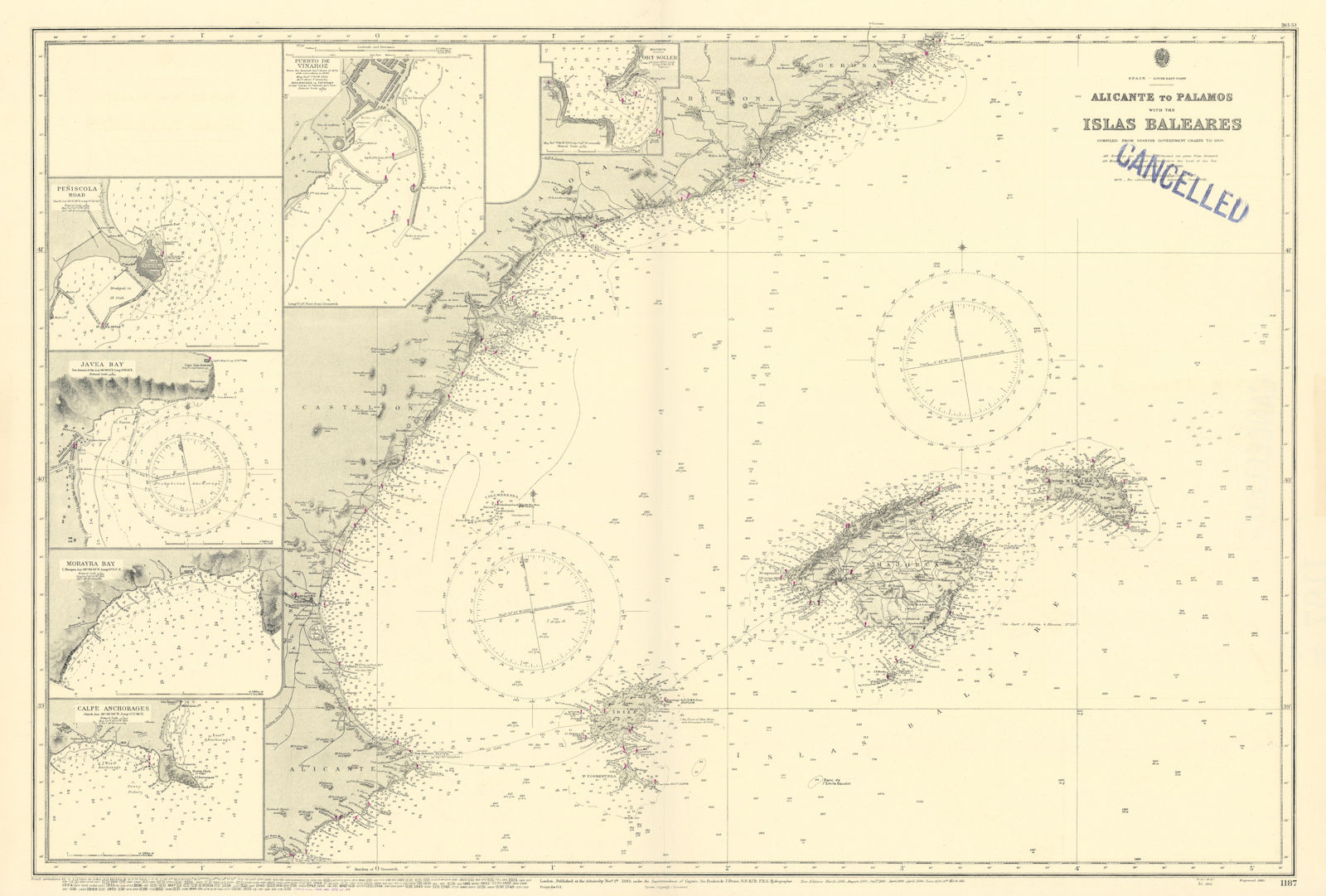 Balearics Catalunya Valencia coast ports ADMIRALTY sea chart 1882 (1955) map