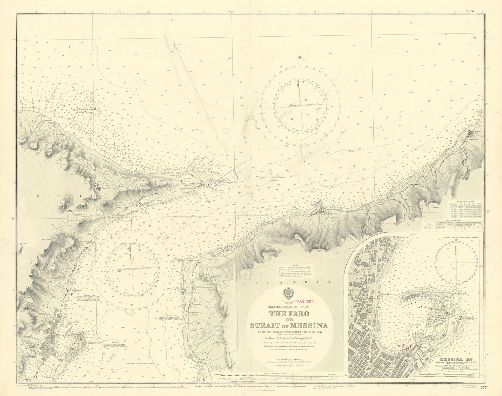 Faro or Strait of Messina. Harbour Sicily. ADMIRALTY sea chart 1889 (1953) map