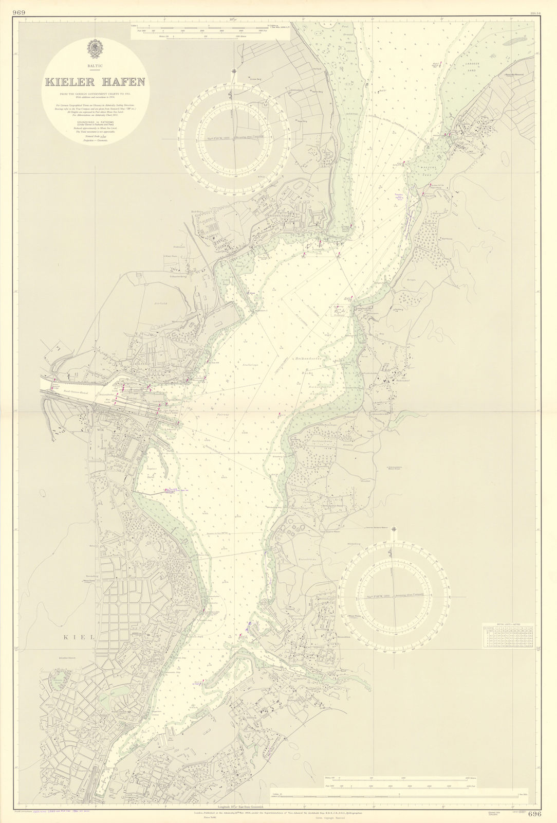 Kieler Hafen, Baltic. Germany. ADMIRALTY sea chart 1954 (1956) old vintage map