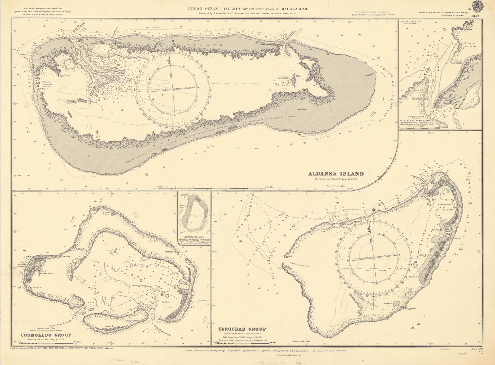Seychelles Cosmoledo Aldabra Farquhar Atolls ADMIRALTY sea chart 1879 (1954) map
