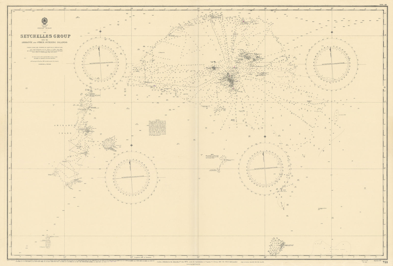 Seychelles including Amirante. Indian Ocean. ADMIRALTY sea chart 1875 (1951) map
