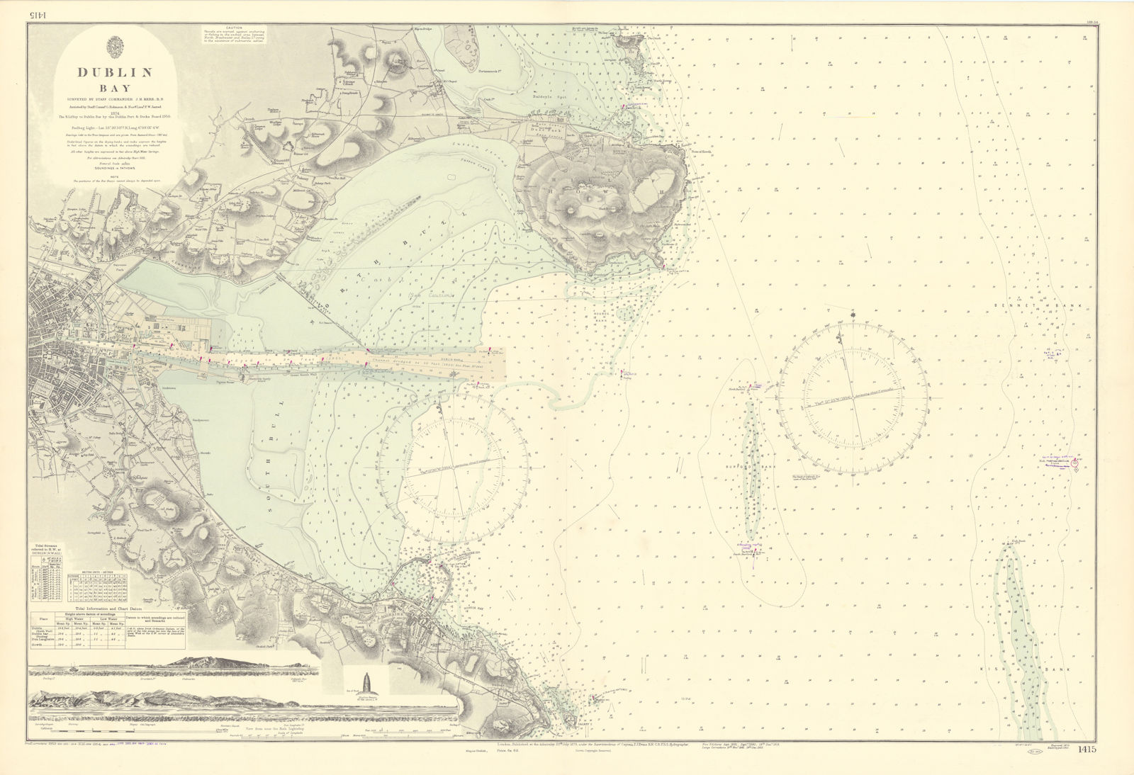 Dublin Bay. Ireland. ADMIRALTY sea chart 1875 (1956) old vintage map