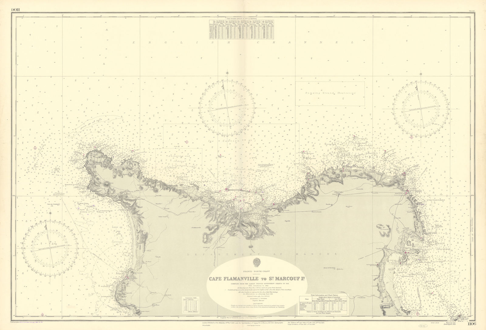 North Cotentin coast. Cherbourg. Manche. ADMIRALTY sea chart 1888 (1954) map