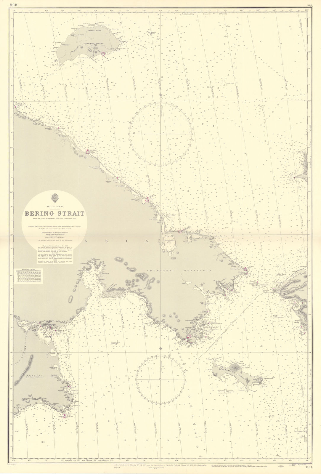 Bering Strait, Arctic Ocean. Russia Alaska. ADMIRALTY sea chart 1884 (1955) map