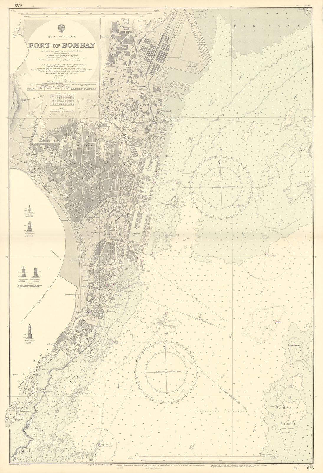 Port of Bombay. Mumbai India. ADMIRALTY sea chart 1894 (1956) old vintage map