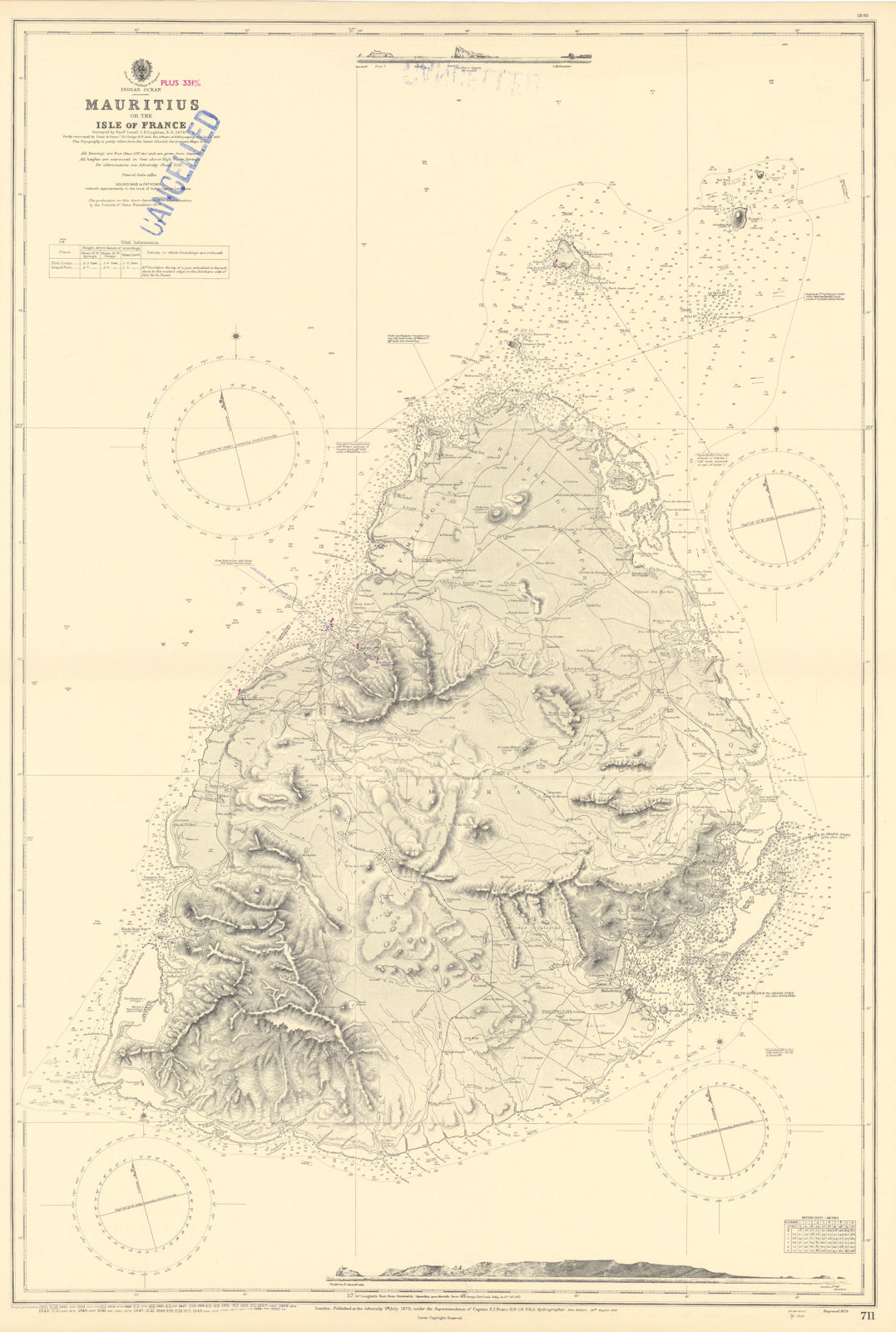 Mauritius or Isle of France, Indian Ocean. ADMIRALTY sea chart 1879 (1955) map