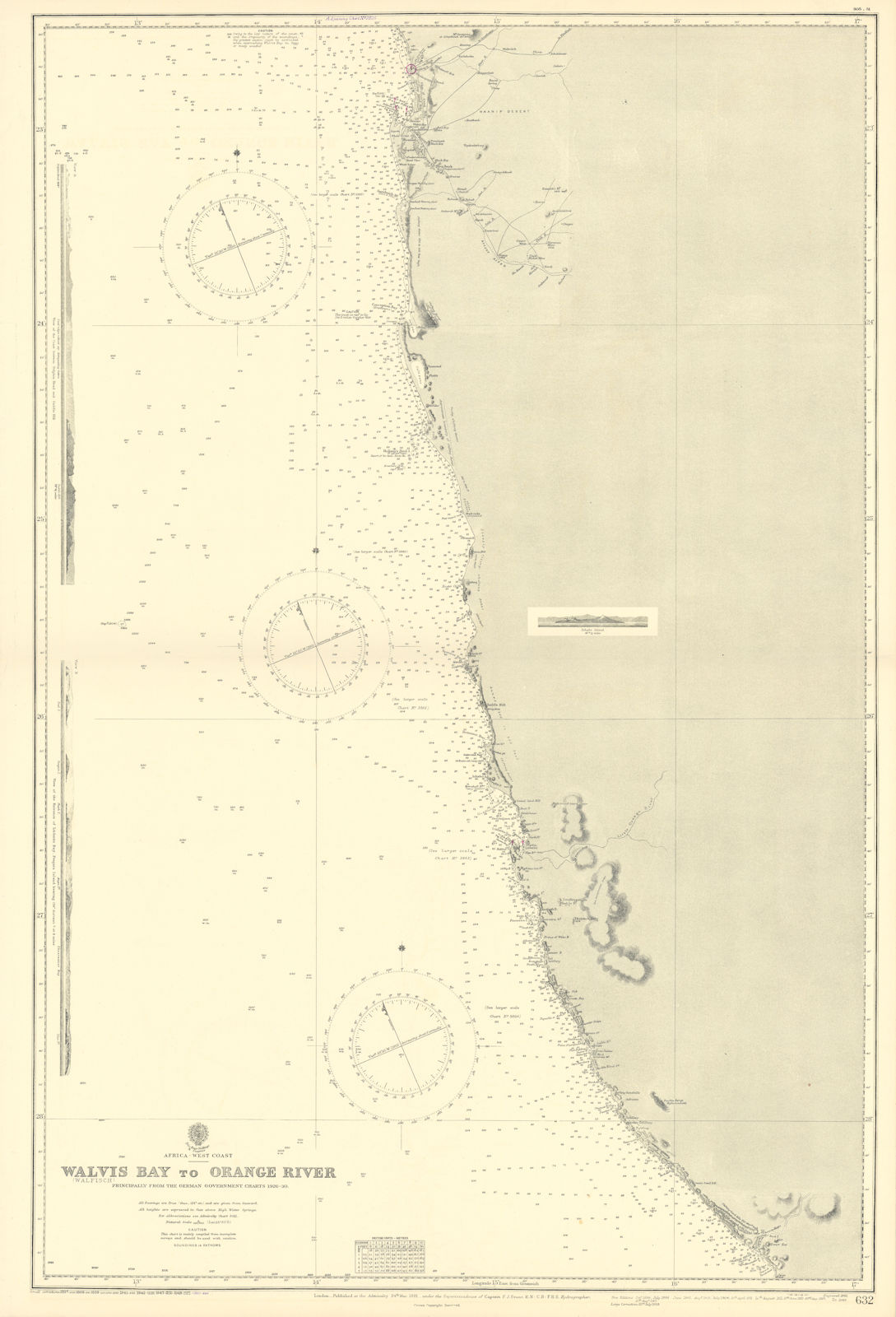 South Namibia coast. Walvis Bay-Orange River ADMIRALTY sea chart 1881 (1954) map