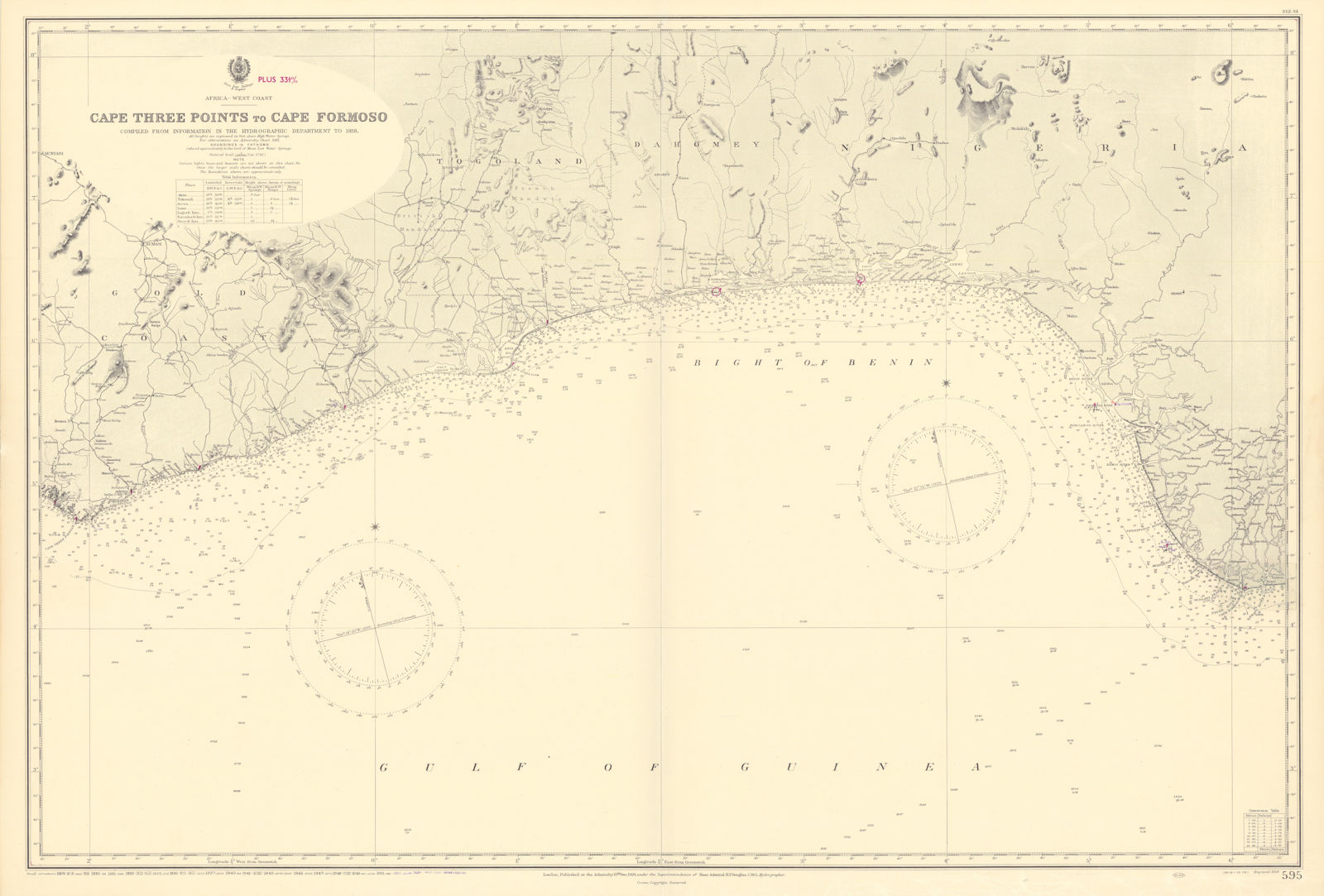 Gulf of Guinea. Ghana Togo Benin Nigeria. ADMIRALTY sea chart 1928 (1954) map