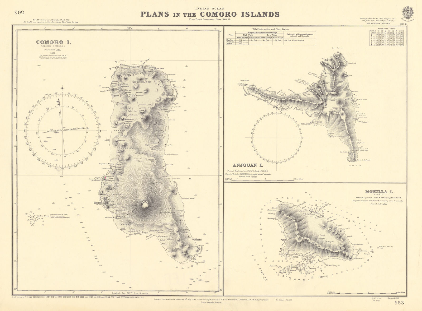 Comoros Grande Comore Anjoun Nzwani Mohéli ADMIRALTY chart 1895 (1951) old map