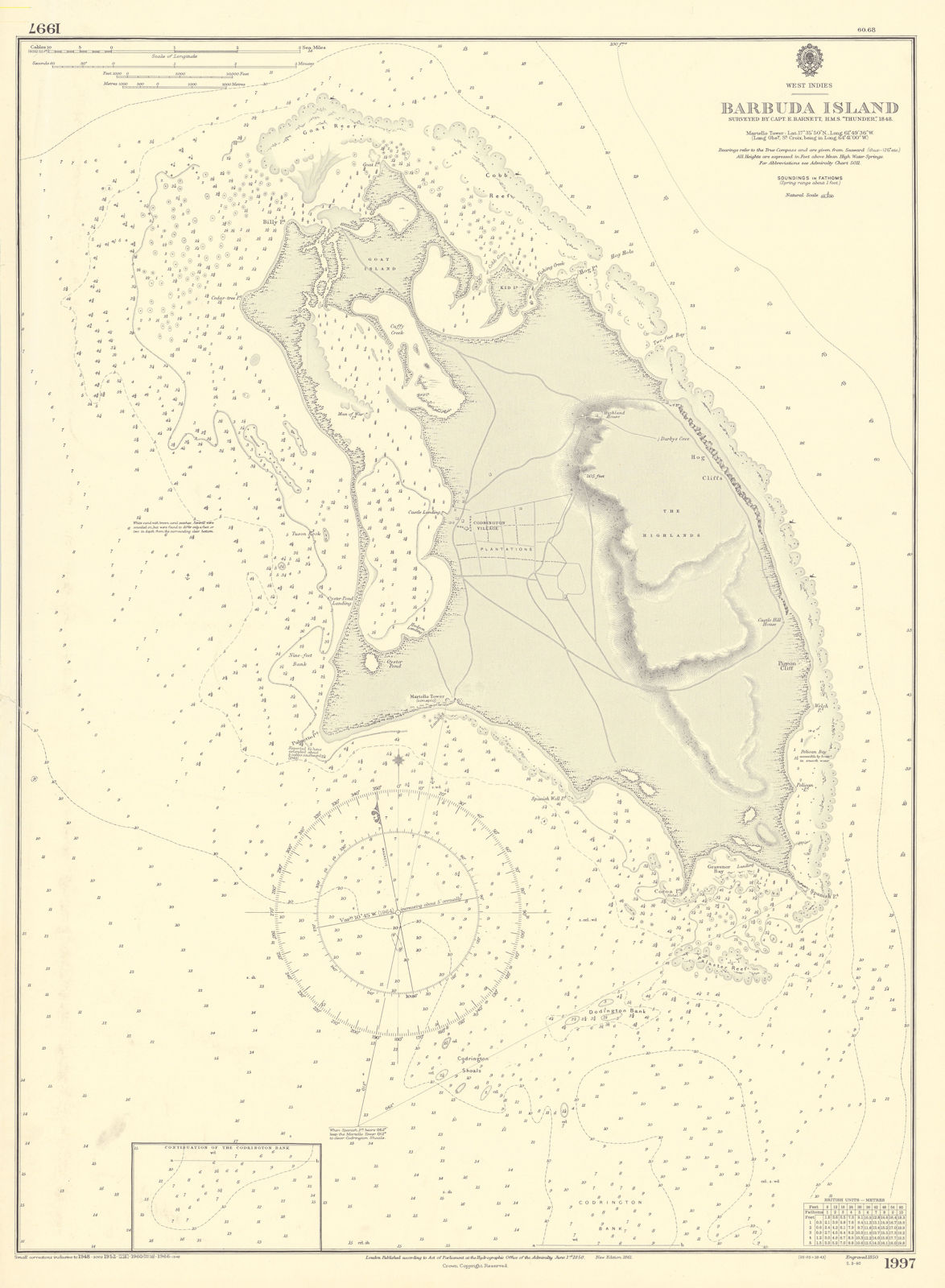 Barbuda Island. West Indies Caribbean. ADMIRALTY sea chart 1850 (1966) old map