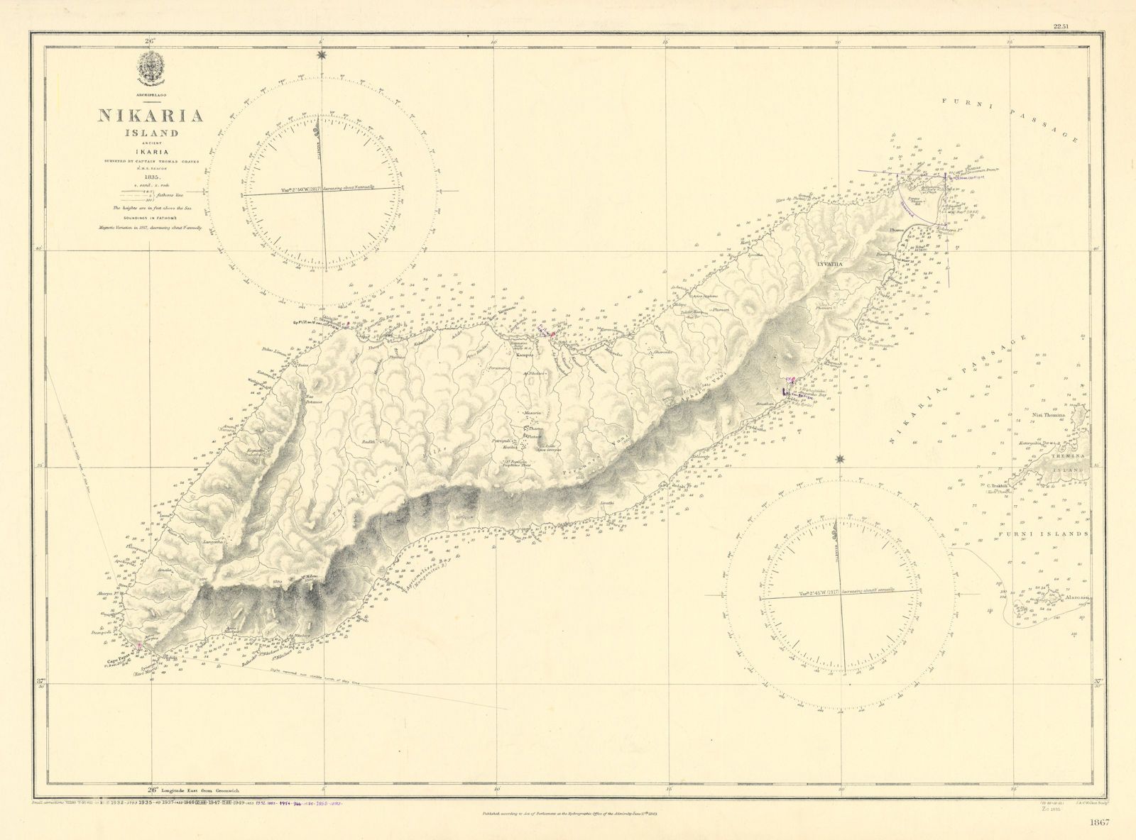 Nikaria Island Ikaria Icaria North Aegean Greece ADMIRALTY chart 1849 (1955) map