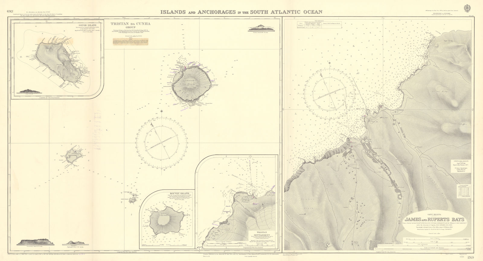 South Atlantic Gough Tristan da Cunha St Helena ADMIRALTY chart 1922 (1956) map