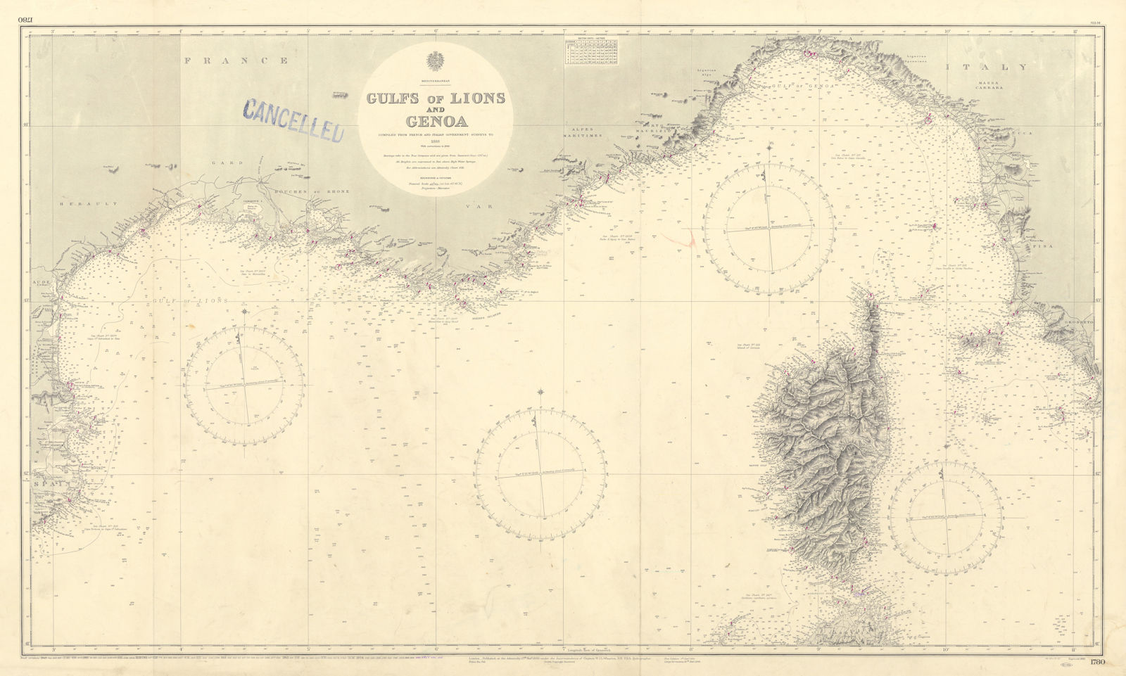 Gulf of Lion Ligurian French Italian Rivieras ADMIRALTY chart 1893 (1955) map