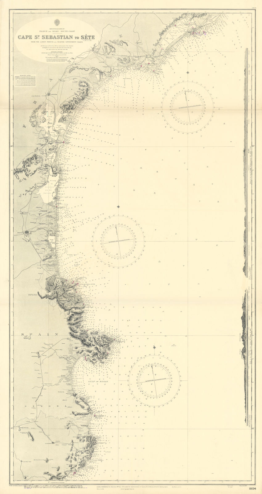 Occitanie North Catalunya coast Palamos-Sète ADMIRALTY sea chart 1894 (1954) map