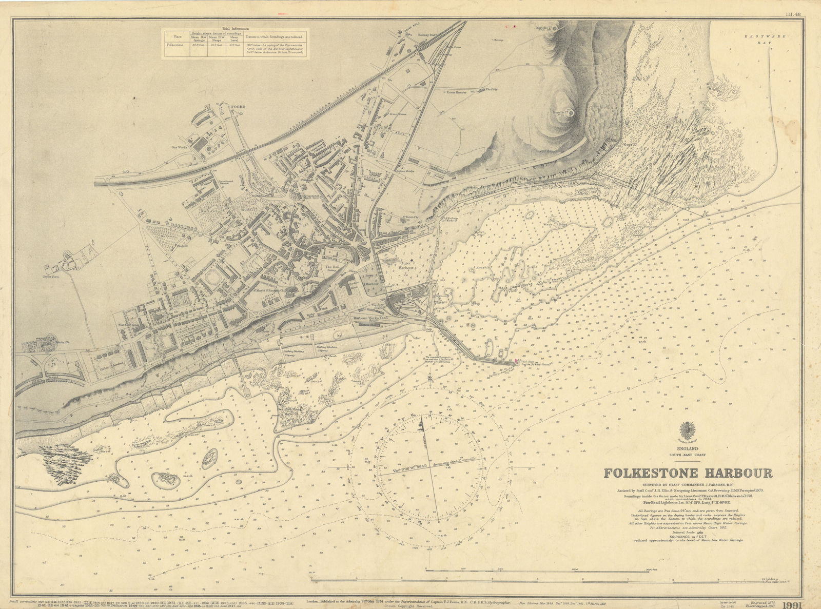 Associate Product Folkestone Harbour, Kent. ADMIRALTY sea chart town plan 1874 (1947) old map