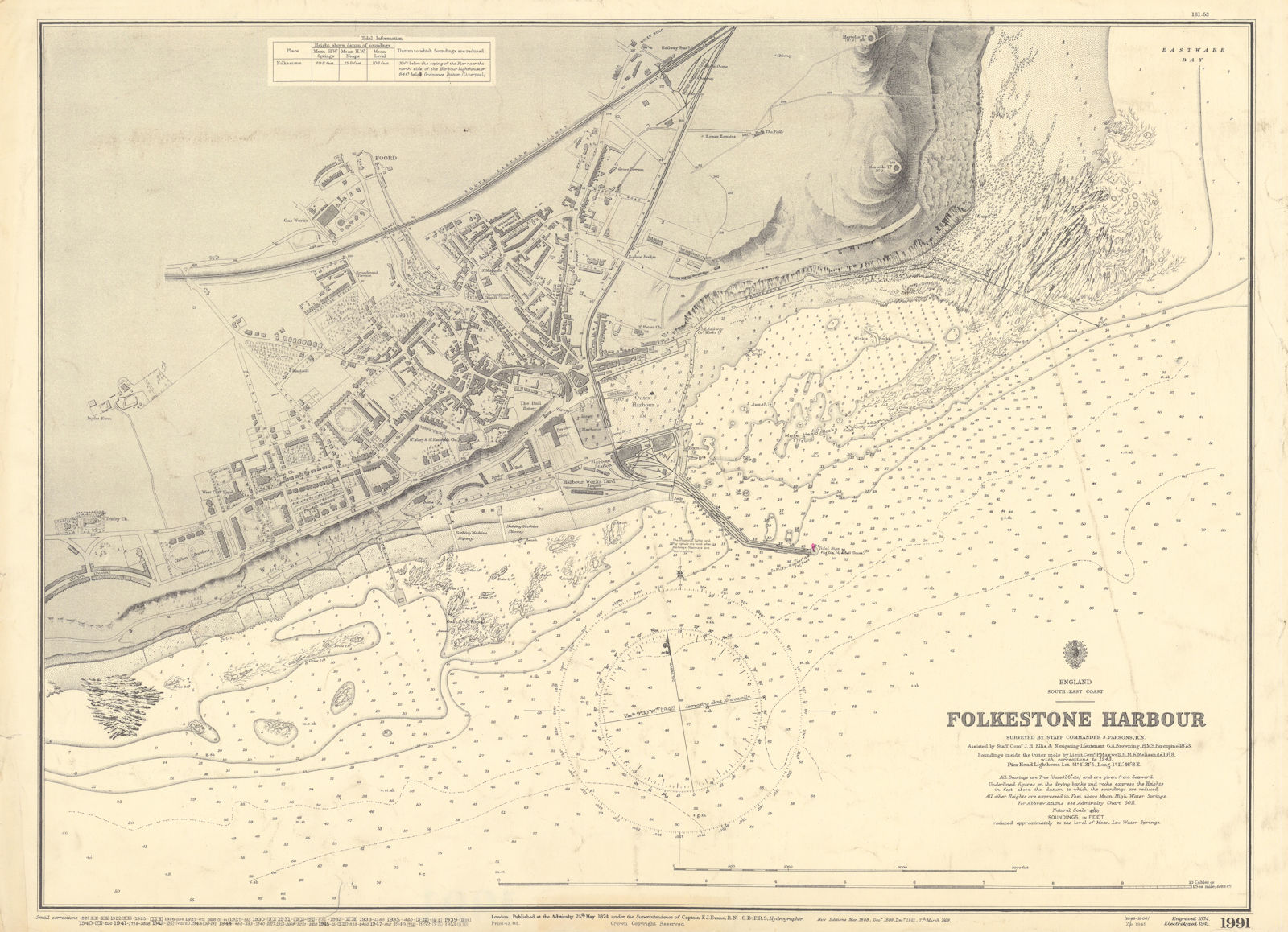 Associate Product Folkestone Harbour, Kent. ADMIRALTY sea chart town plan 1874 (1953) old map