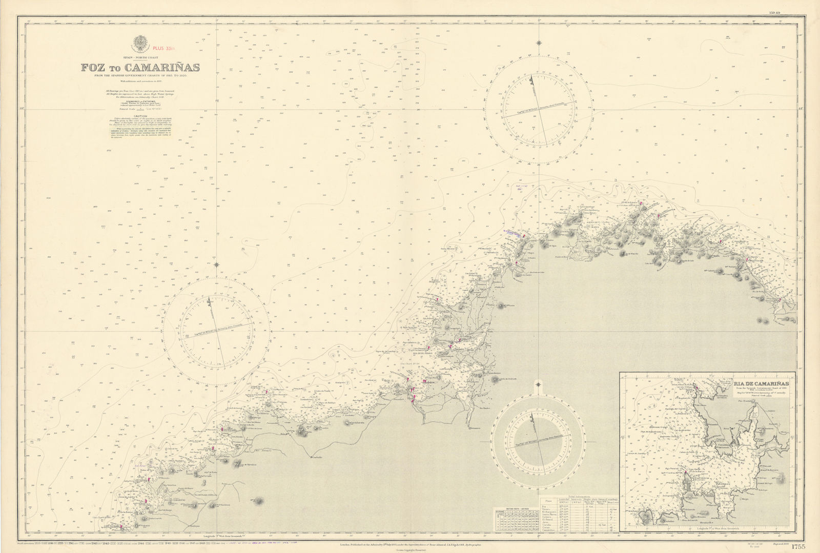 Galicia Spain coast. Foz-Camariñas La Coruña ADMIRALTY sea chart 1935 (1956) map