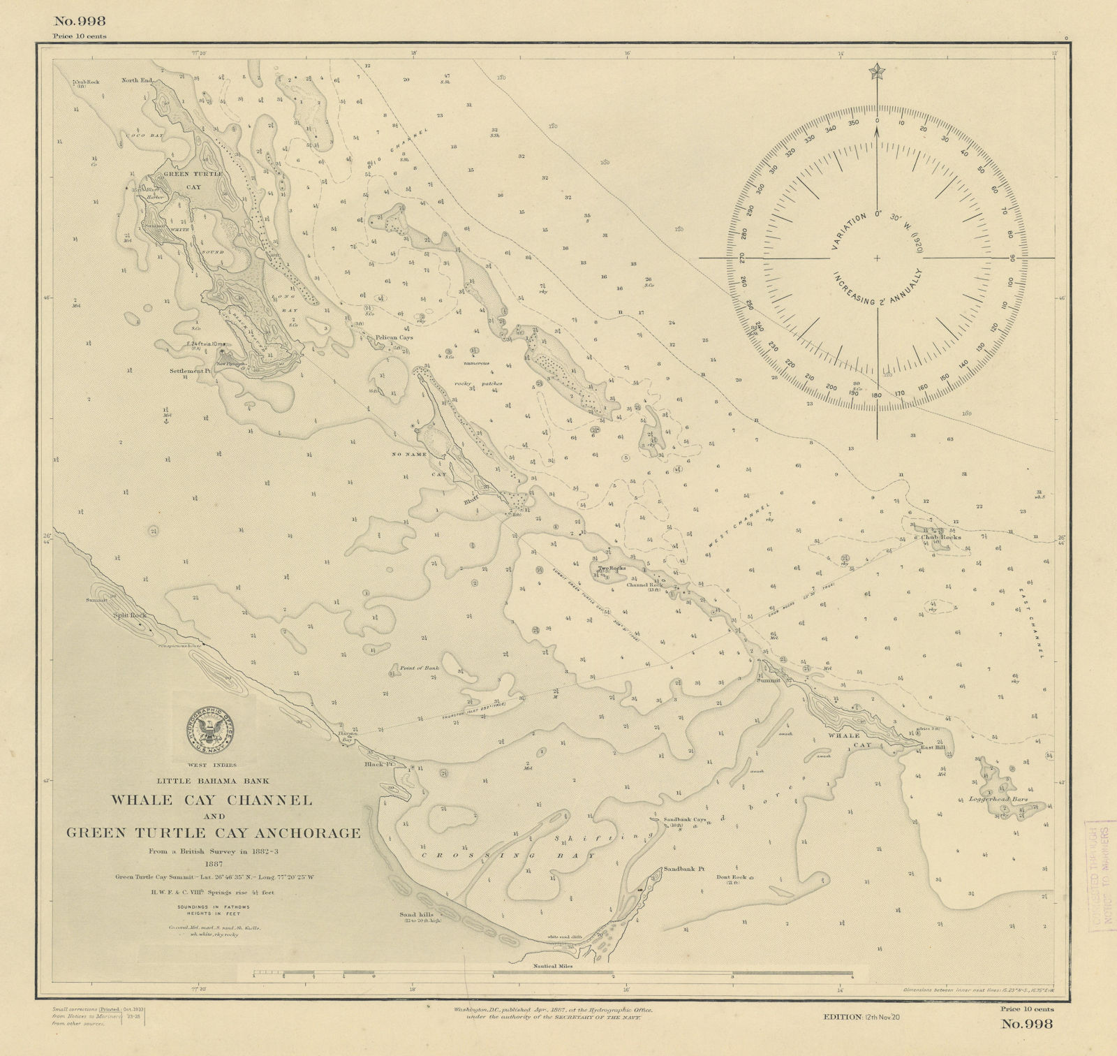 Great Abaco Bahamas Treasure Green Turtle Cay US Navy sea chart 1887 (1923) map