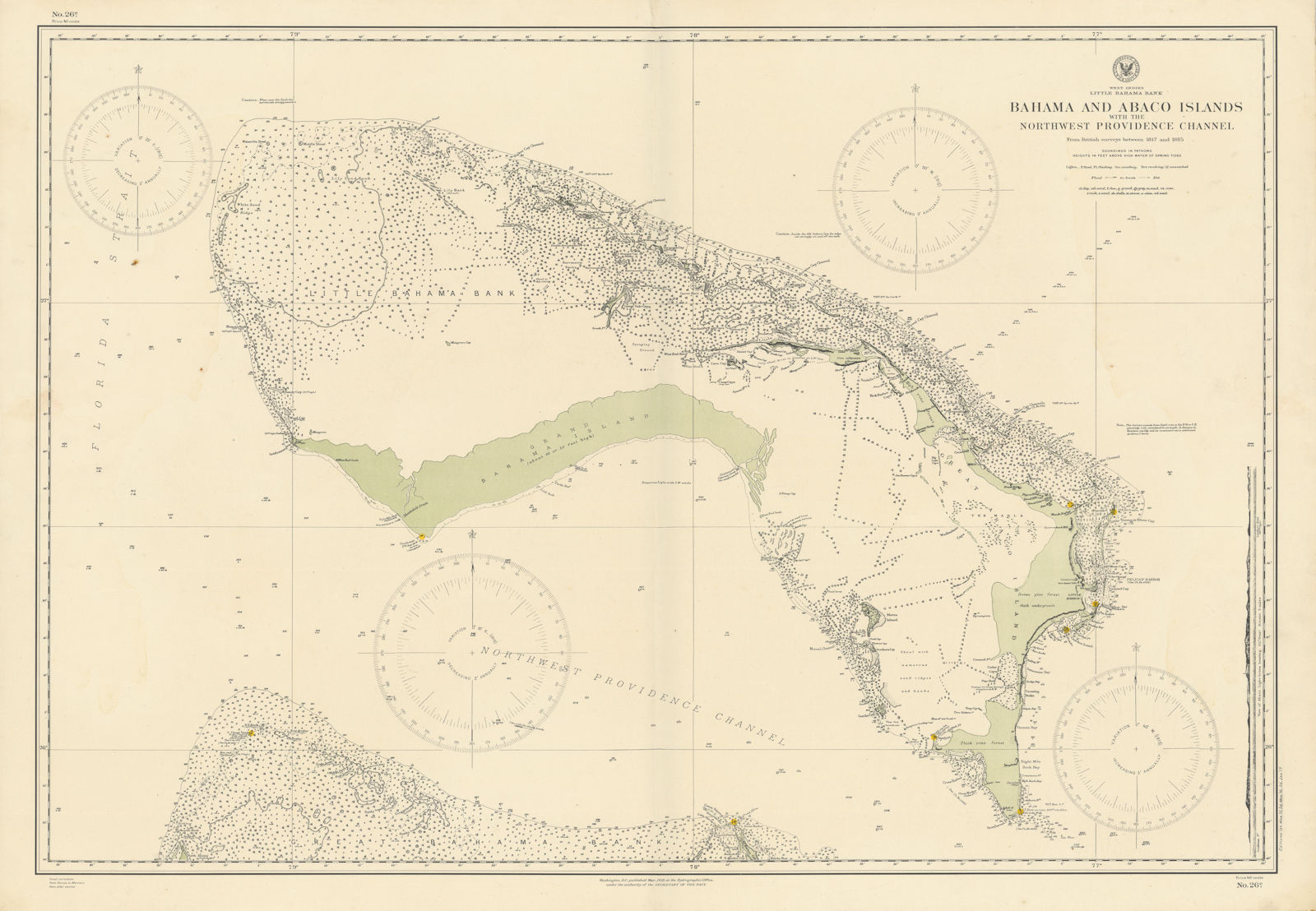 Little Bahama Bank. Grand Bahama Great Abaco Islands. US Navy sea chart 1915 map