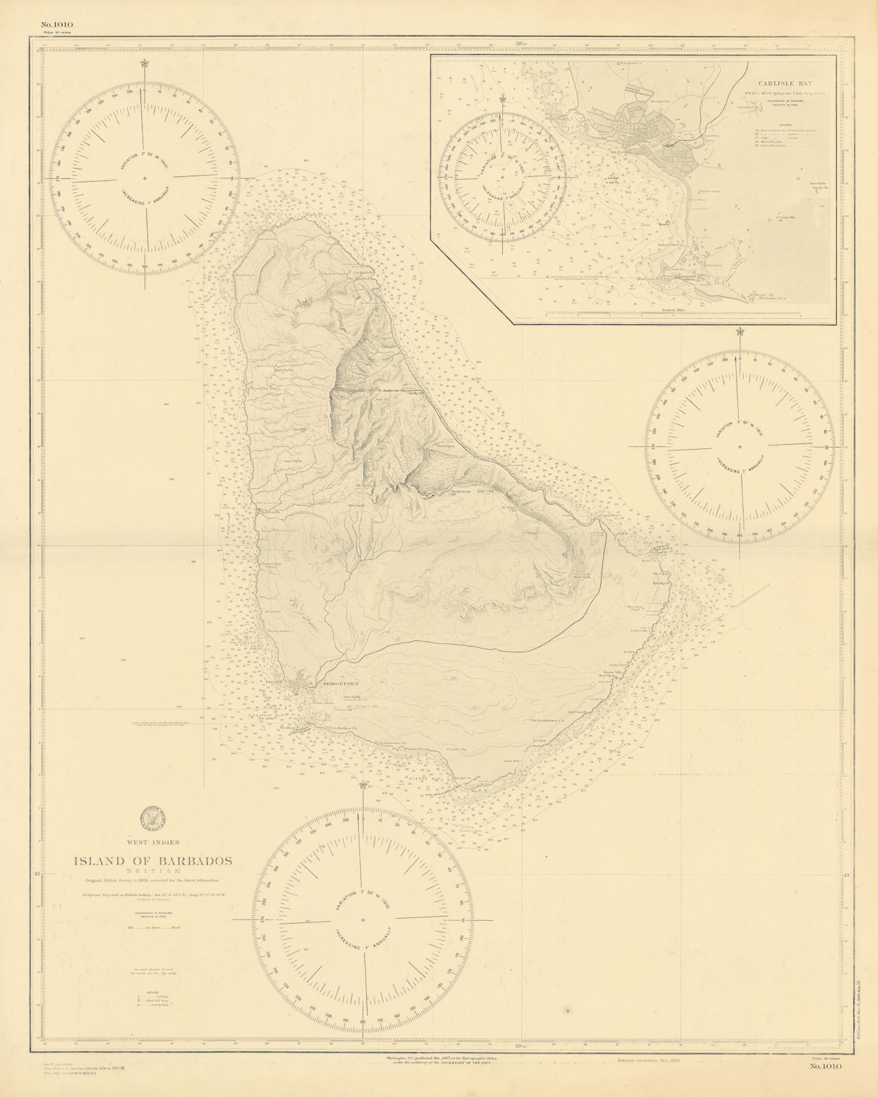 Island of Barbados. Carlisle Bay. US Navy sea chart 1887 (1920) old map