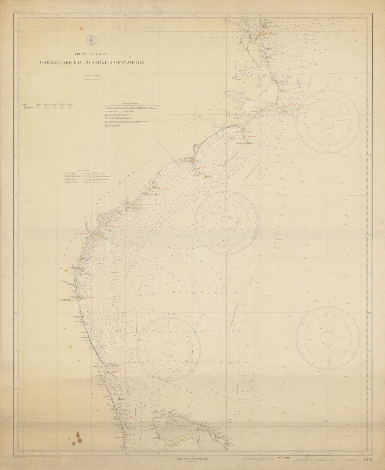 USA Atlantic Coast Chesapeake Bay-Florida Strait USCGS sea chart 1928 (1930) map