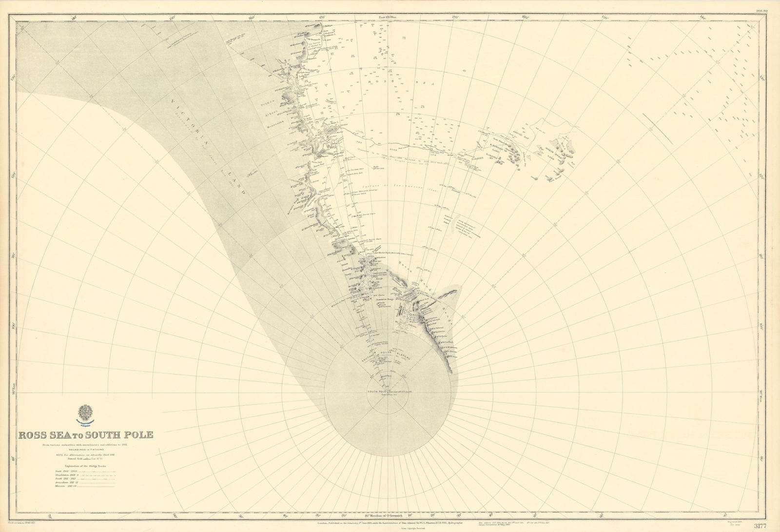 Ross Sea-South Pole Antarctica Victoria Land ADMIRALTY sea chart 1901 (1947) map