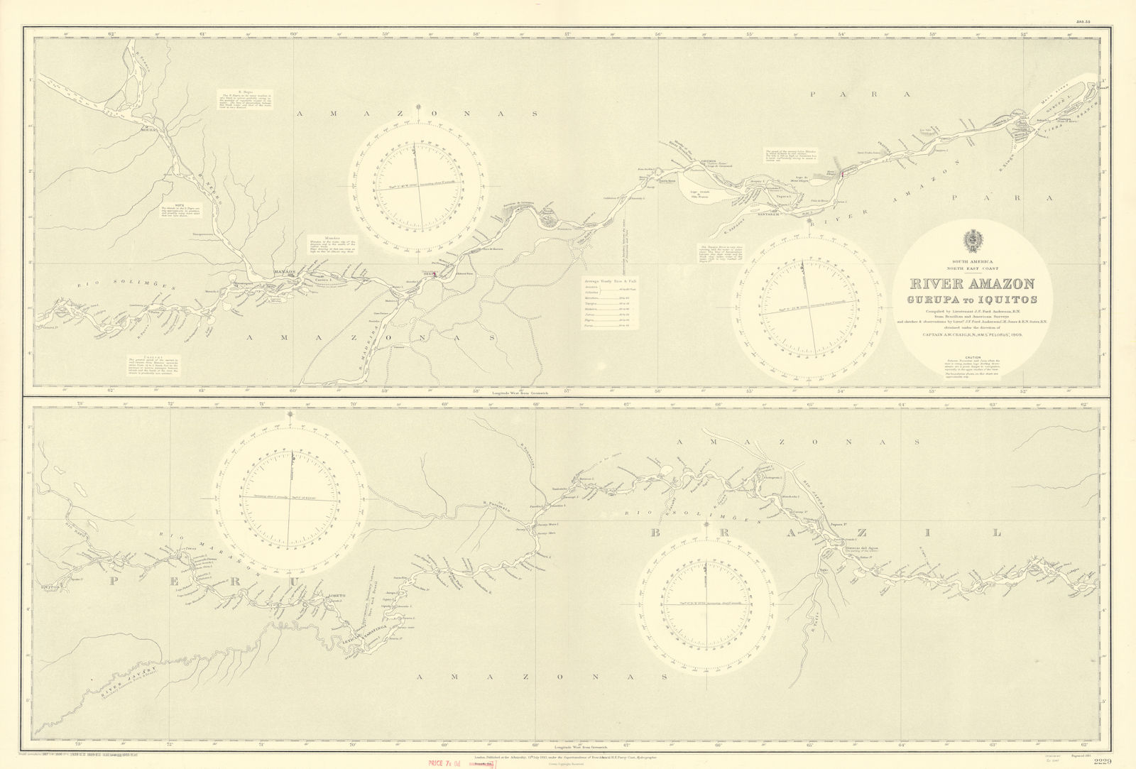 River Amazon. Gurupa - Iquitos. Brazil Peru. ADMIRALTY sea chart 1910 (1953) map