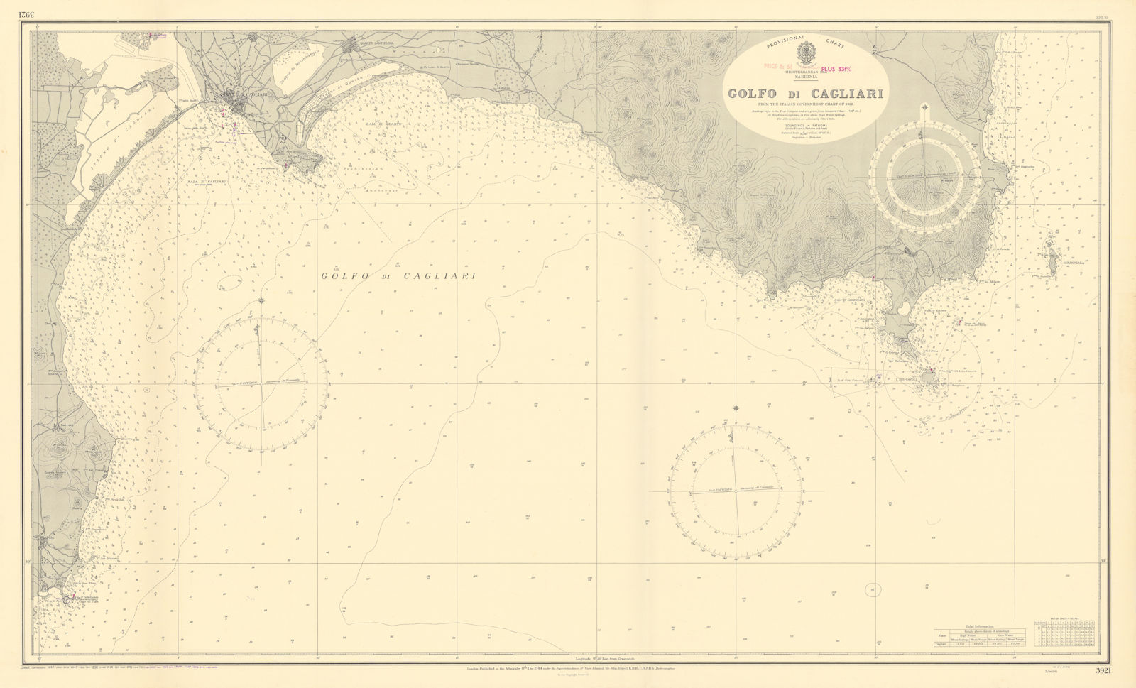 Golfo di Cagliari, Sardinia, Mediterranean. ADMIRALTY sea chart 1944 (1956) map
