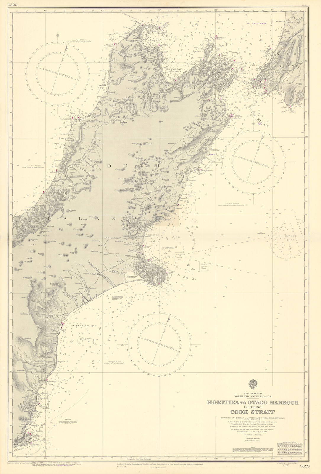 South Island New Zealand Hokitika-Otago Harbour ADMIRALTY chart 1907 (1954) map