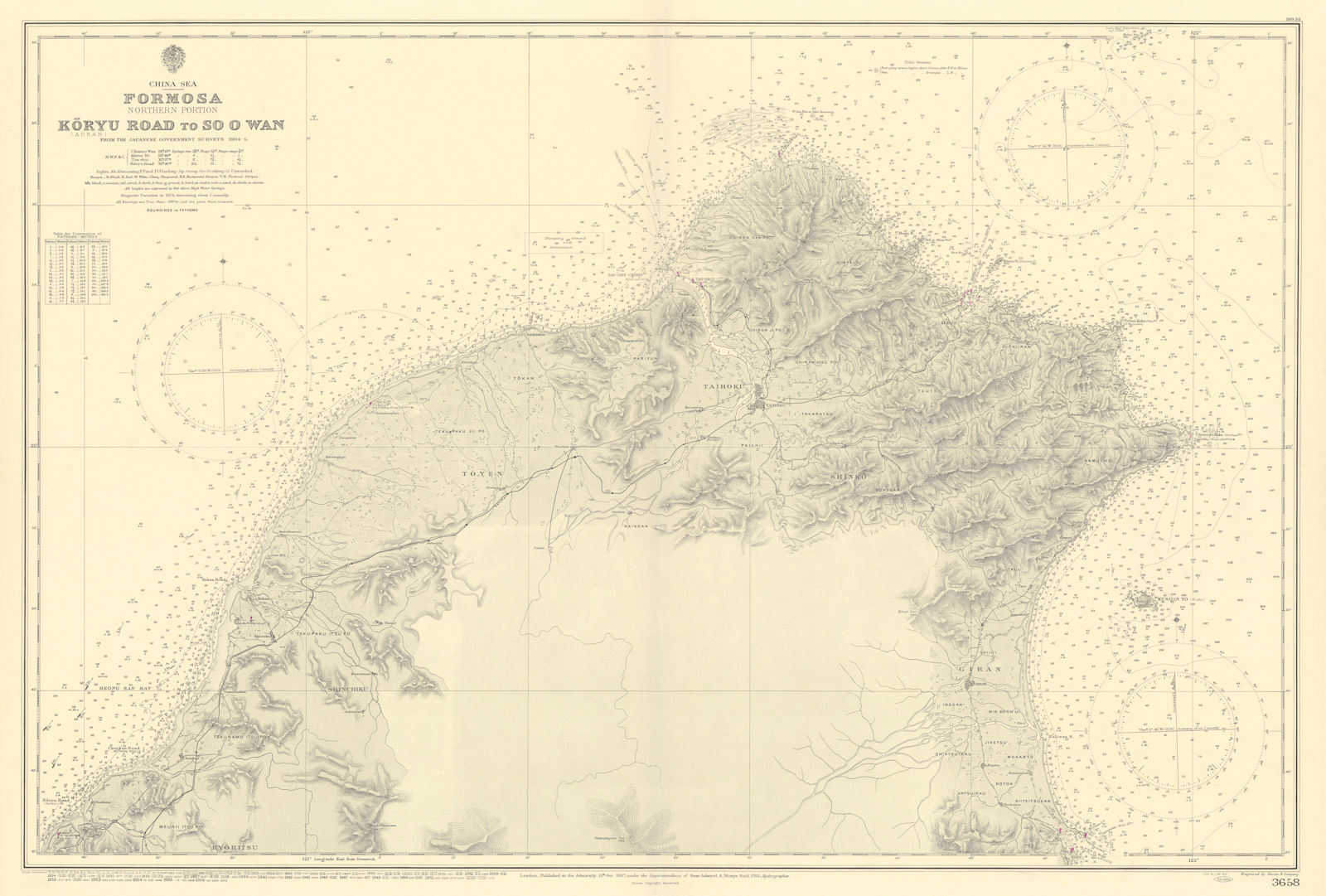 Northern Formosa / Taiwan. Taihoku / Taipei. ADMIRALTY sea chart 1907 (1956) map