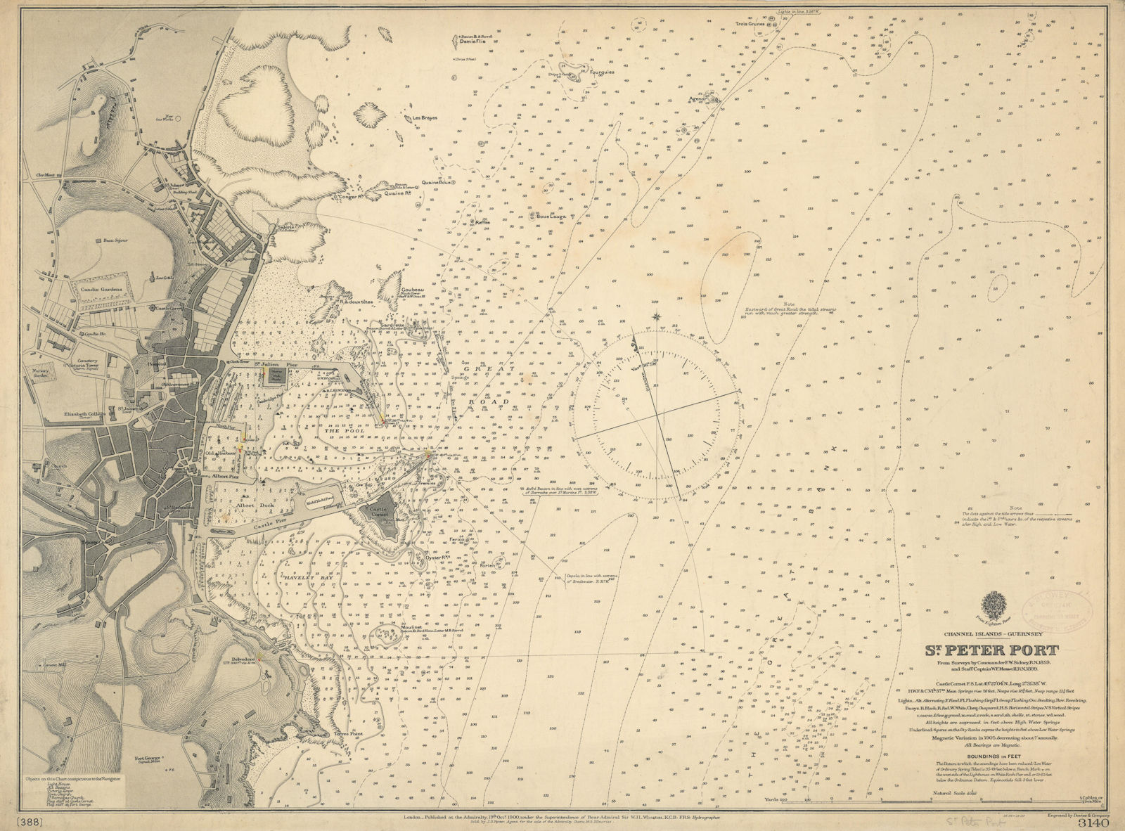 St. Peter Port, Guernsey, Channel Islands. ADMIRALTY sea chart 1900 old map