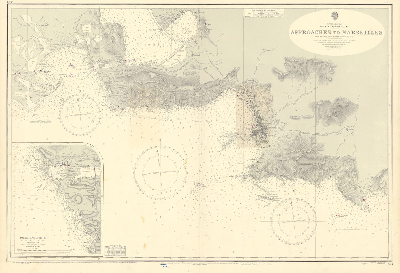 Marseilles approaches Bouches-du-Rhône coast ADMIRALTY sea chart 1904 (1956) map