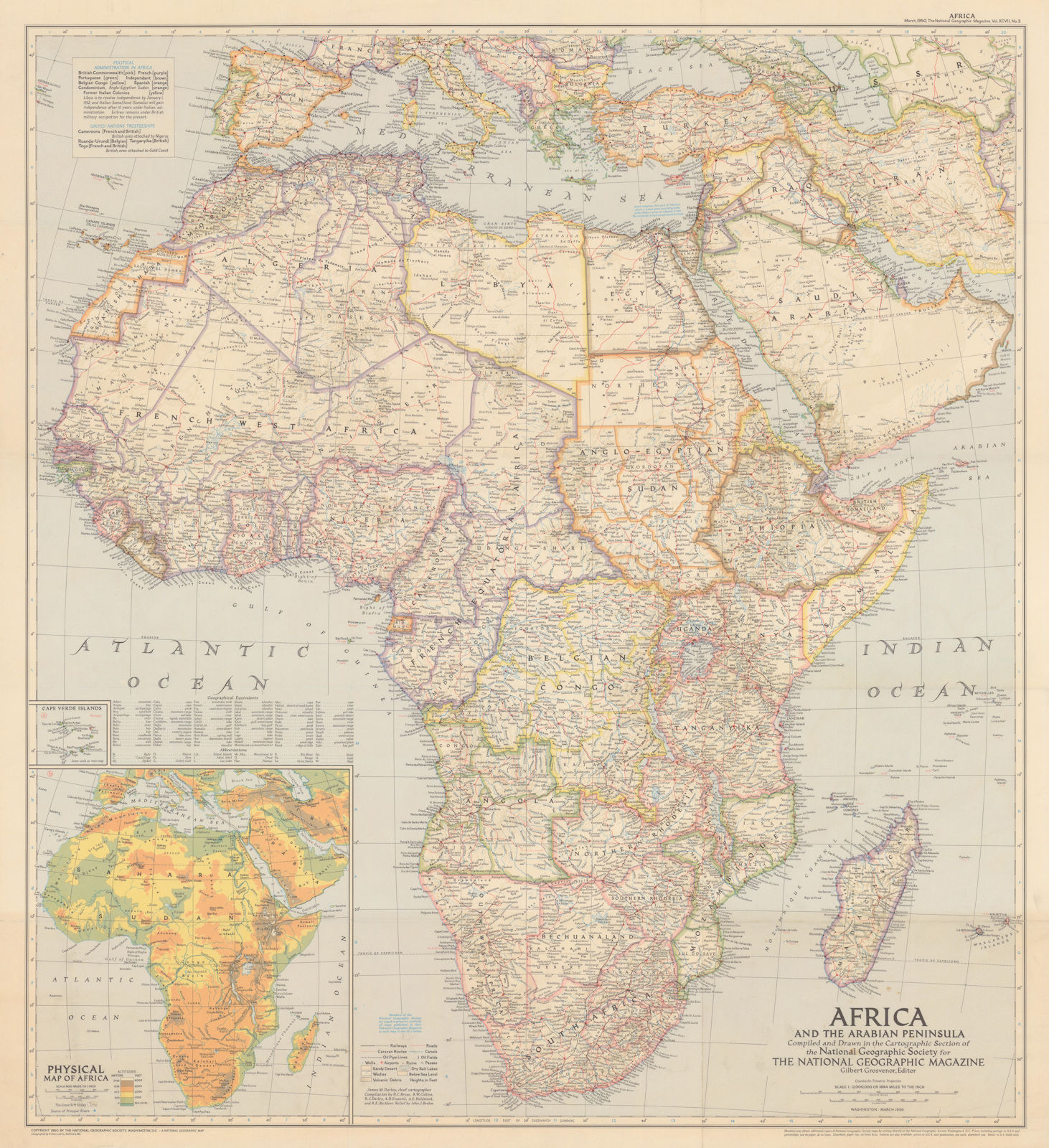 Late colonial Africa & the Arabian Peninsula. National Geographic 1950 old map