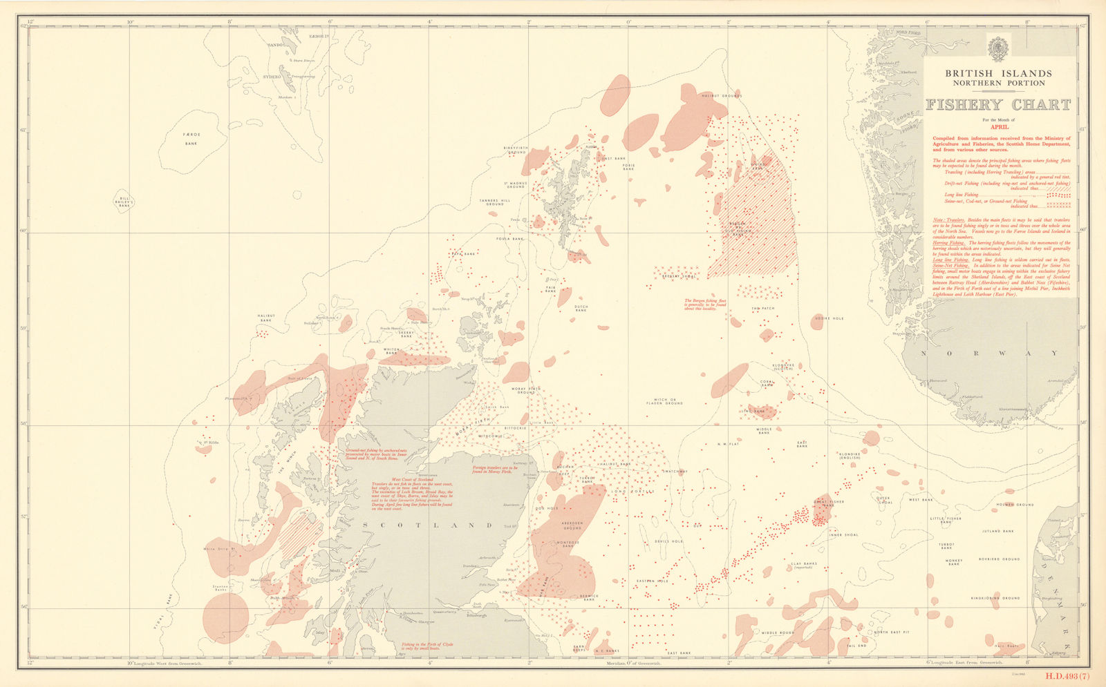 Associate Product British Isles North April Fishery Chart Scotland North Sea Atlantic 1953 map