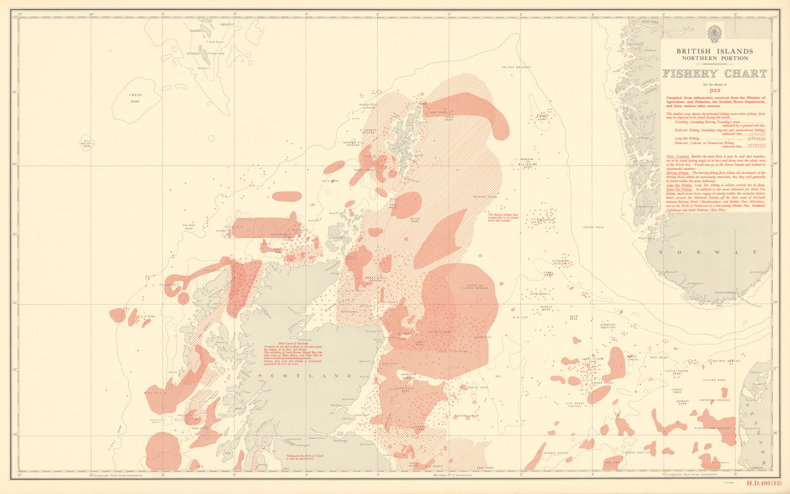 Associate Product British Isles North July Fishery Chart Scotland North Sea Atlantic 1953 map