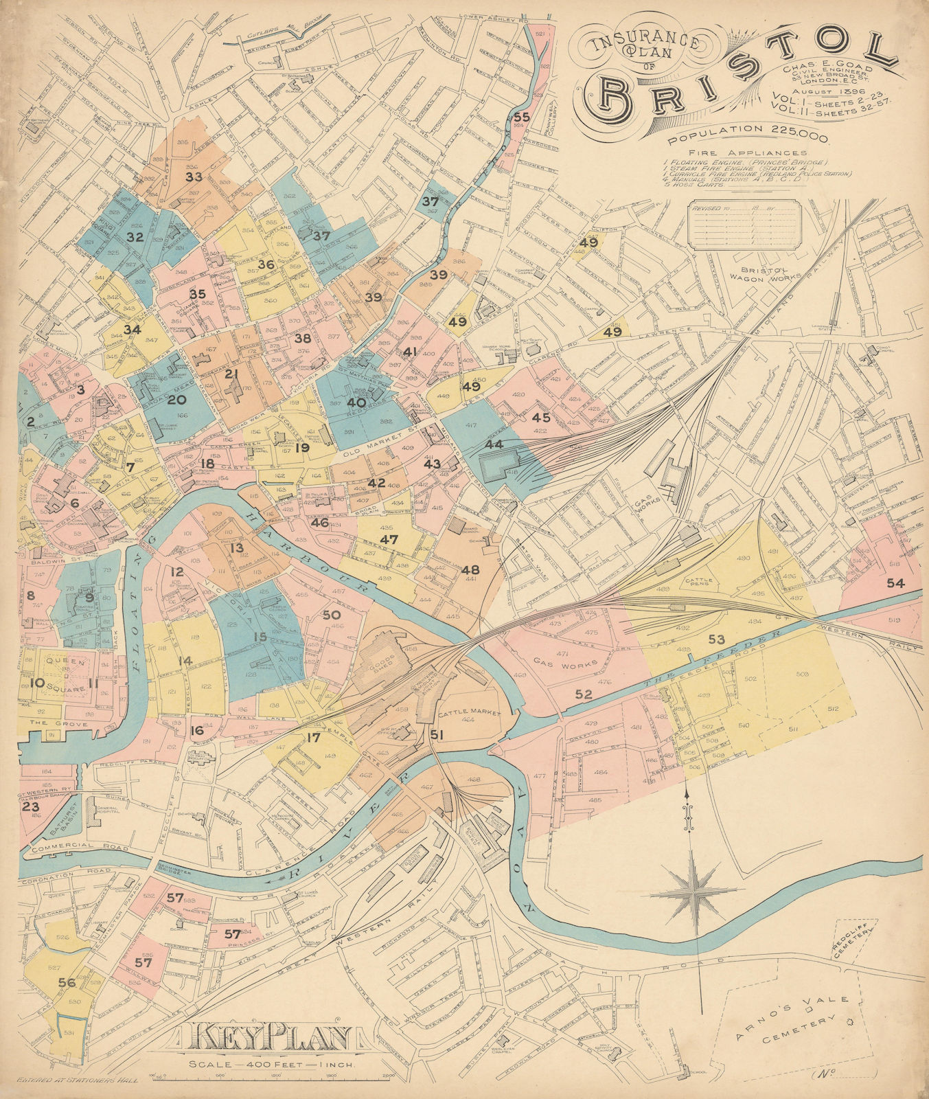 Charles Goad Insurance Key Plan of Bristol. City Centre 1896 old antique map