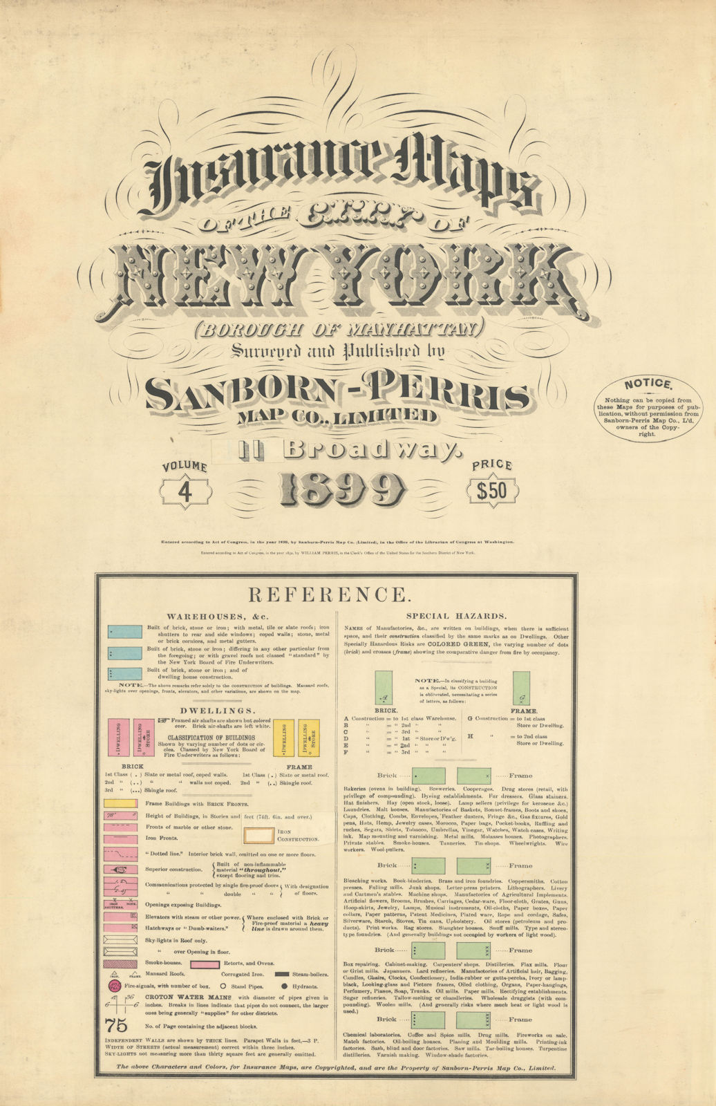 City of New York Insurance maps Vol 4 Title page. Manhattan. SANBORN 1899