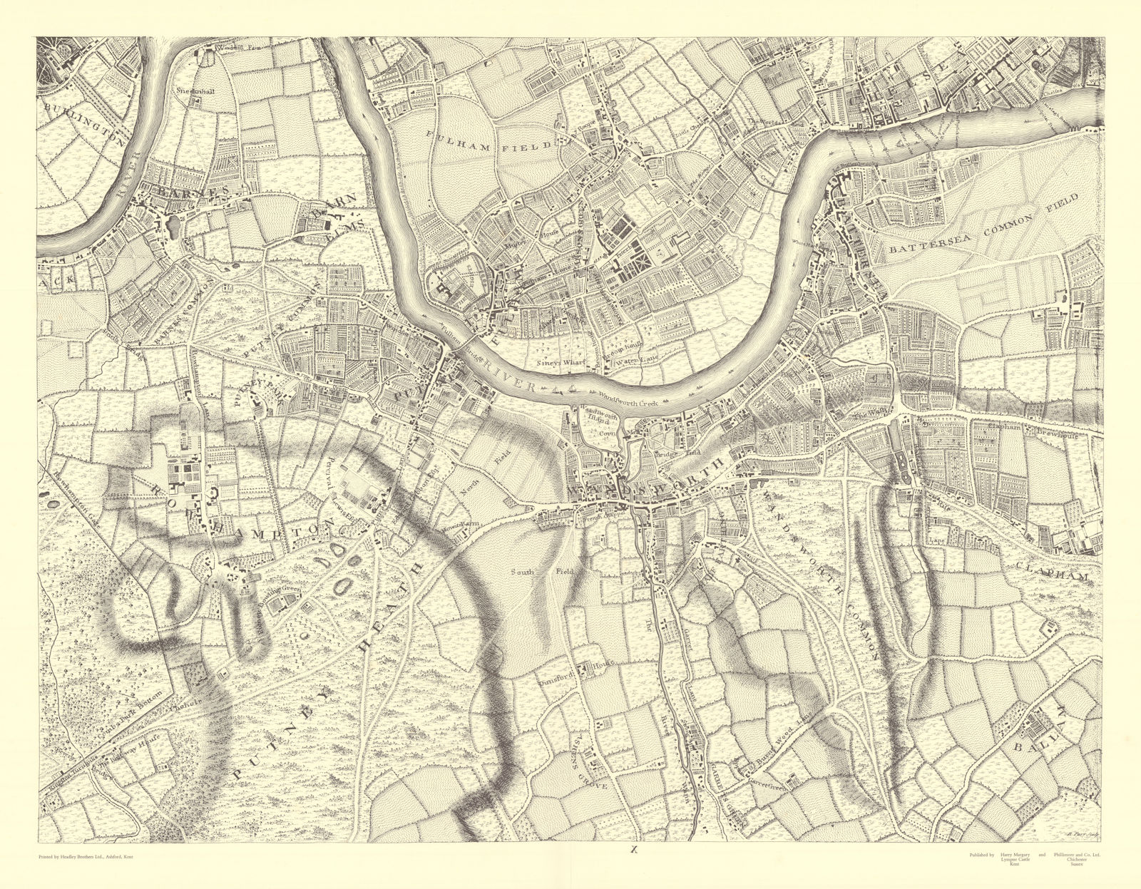 Battersea Wandsworth Clapham Putney Fulham #10. After ROCQUE 1971 (1746) map