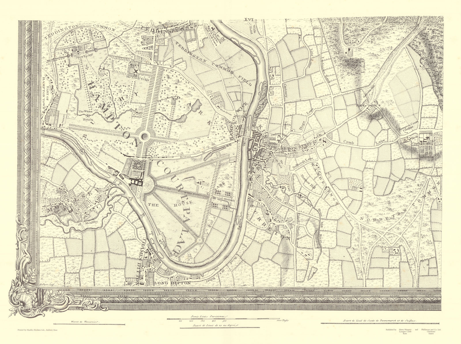 Hampton Court Surbiton Kingston Teddington. #16. After ROCQUE 1971 (1746) map