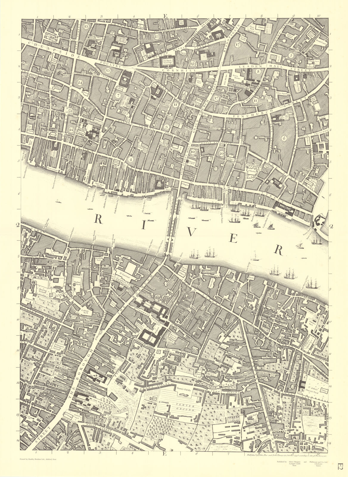 City of London Bridge Bank Southwark Borough. E2. After ROCQUE 1971 (1746) map