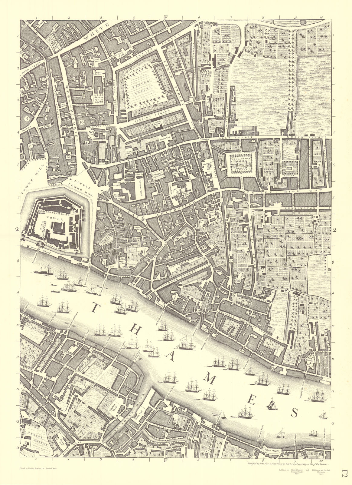 Tower Aldgate Wapping Whitechapel Bermondsey. F2. After ROCQUE 1971 (1746) map