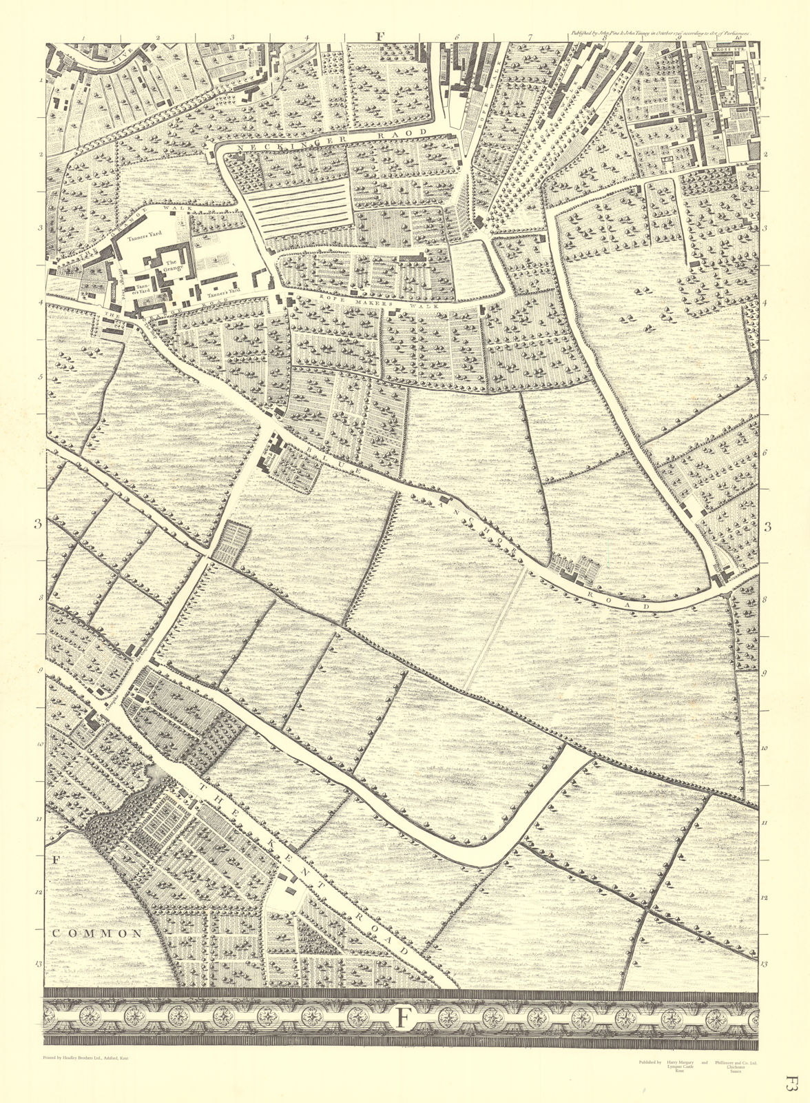 Old Kent Road & Bermondsey. Sheet F3. After ROCQUE 1971 (1746) vintage map