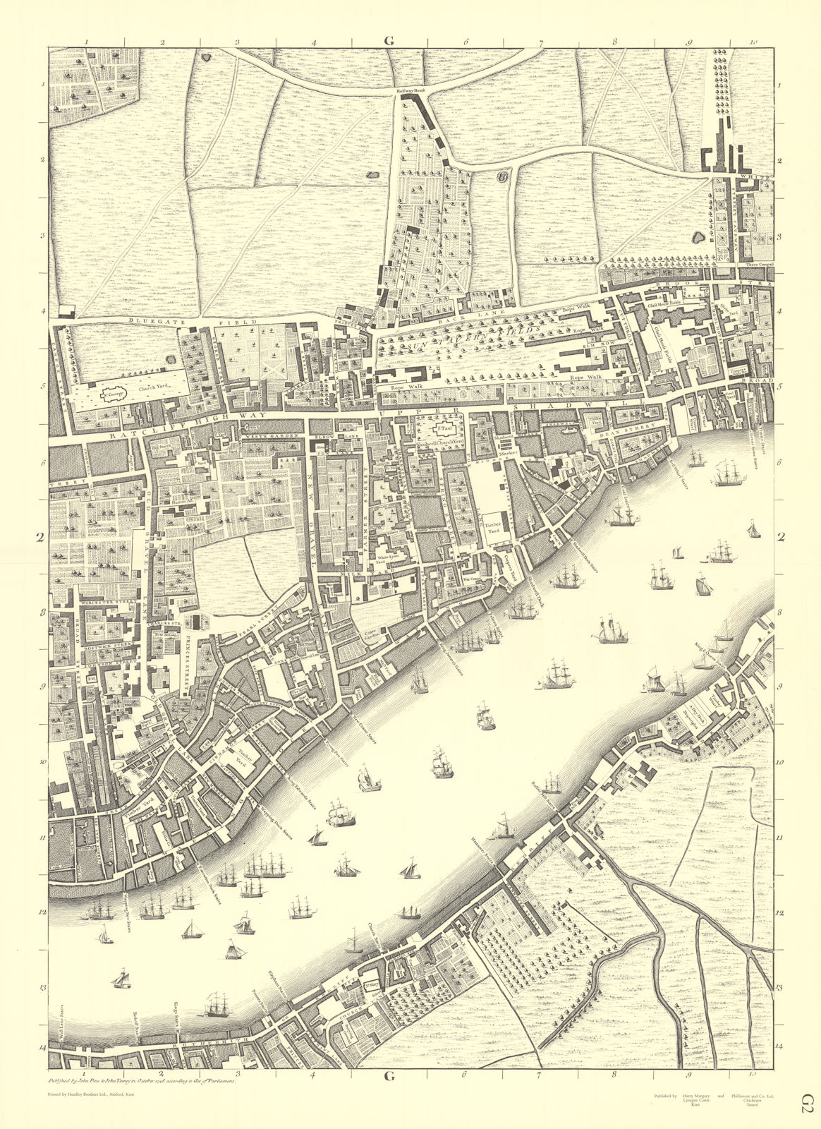 Rotherhithe, Wapping, Shadwell. Sheet G2. After ROCQUE 1971 (1746) old map