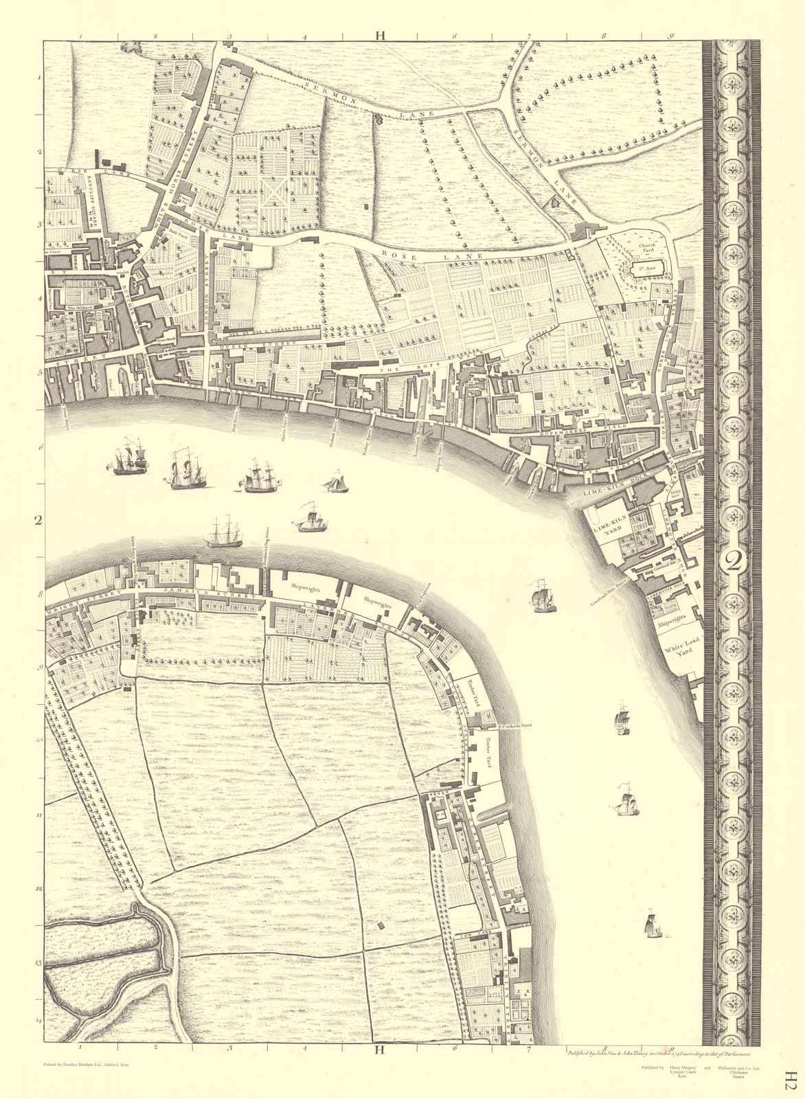 Rotherhithe, Westferry, Limehouse. Sheet H2. After ROCQUE 1971 (1746) old map