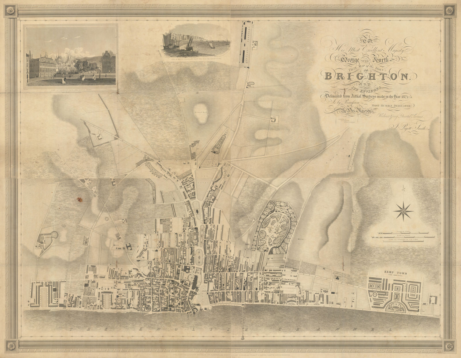 Brighton & its environs by J. Pigott-Smith. 4 sheets. 112x144cm. Scarce 1826 map