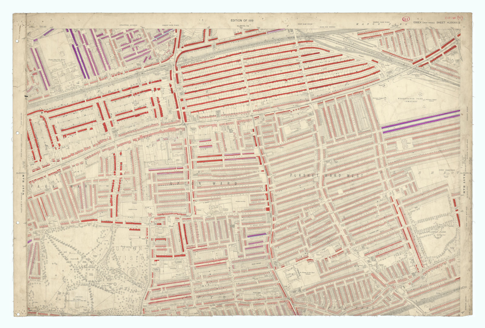 LSE POVERTY OS PROOF MAP West Ham Park - Plashet - Forest Gate - Woodgrange 1928