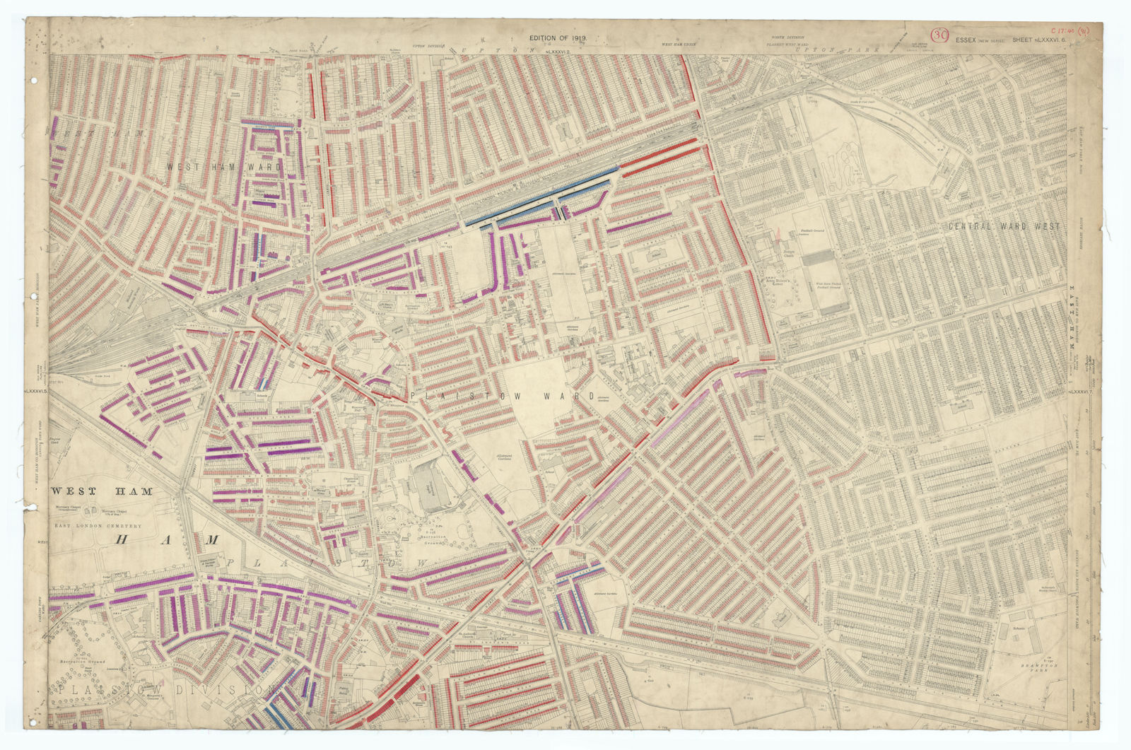 LSE POVERTY OS PROOF MAP West/East Ham - Plaistow - Upton Park - Greengate 1928