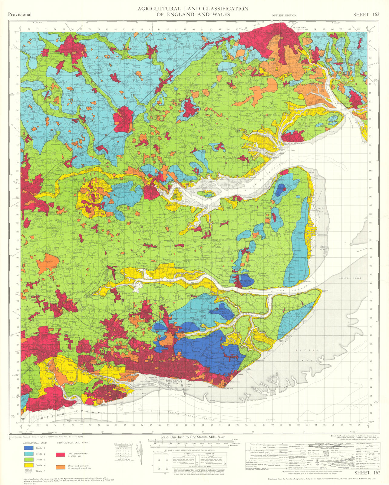Agricultural Land Classification 162 North Thames Estuary & Basin Essex 1972 map